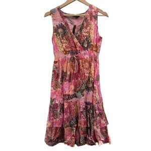 Chaudry Anthro Floral Tiered V-Neck Ruched Cinch Waist Dress Pink Boho NEW Small